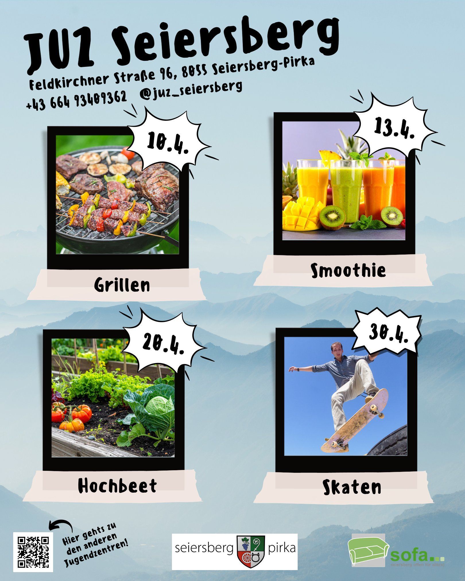 Plakat für JUZ Seiersberg-Veranstaltungen: Grillen, Smoothies, Kräuterbeete und Skateboard-Treffen.