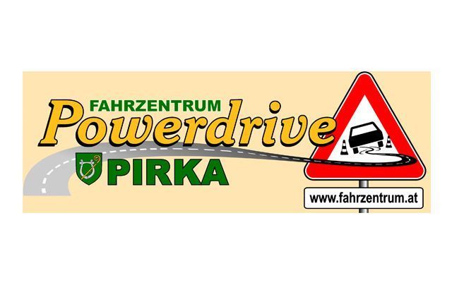 Banner der Fahrschule Powerdrive Pirka mit rotem Warnschild und Website-URL