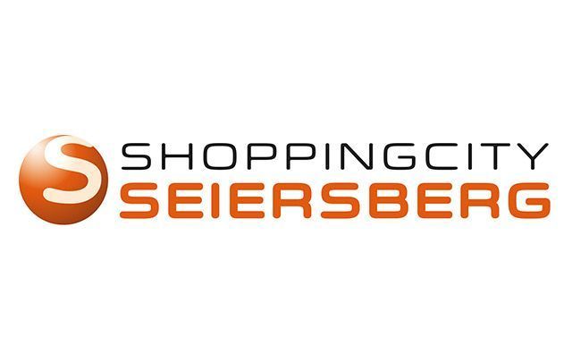 ShoppingCity Seiersberg-Logo mit orangefarbenem und grauem Text auf weißem Hintergrund