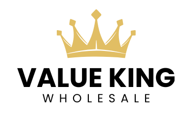 The logo for value king wholesale has a crown on it.