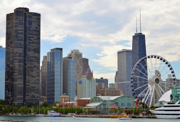 A city skyline with a ferris wheel in the foreground