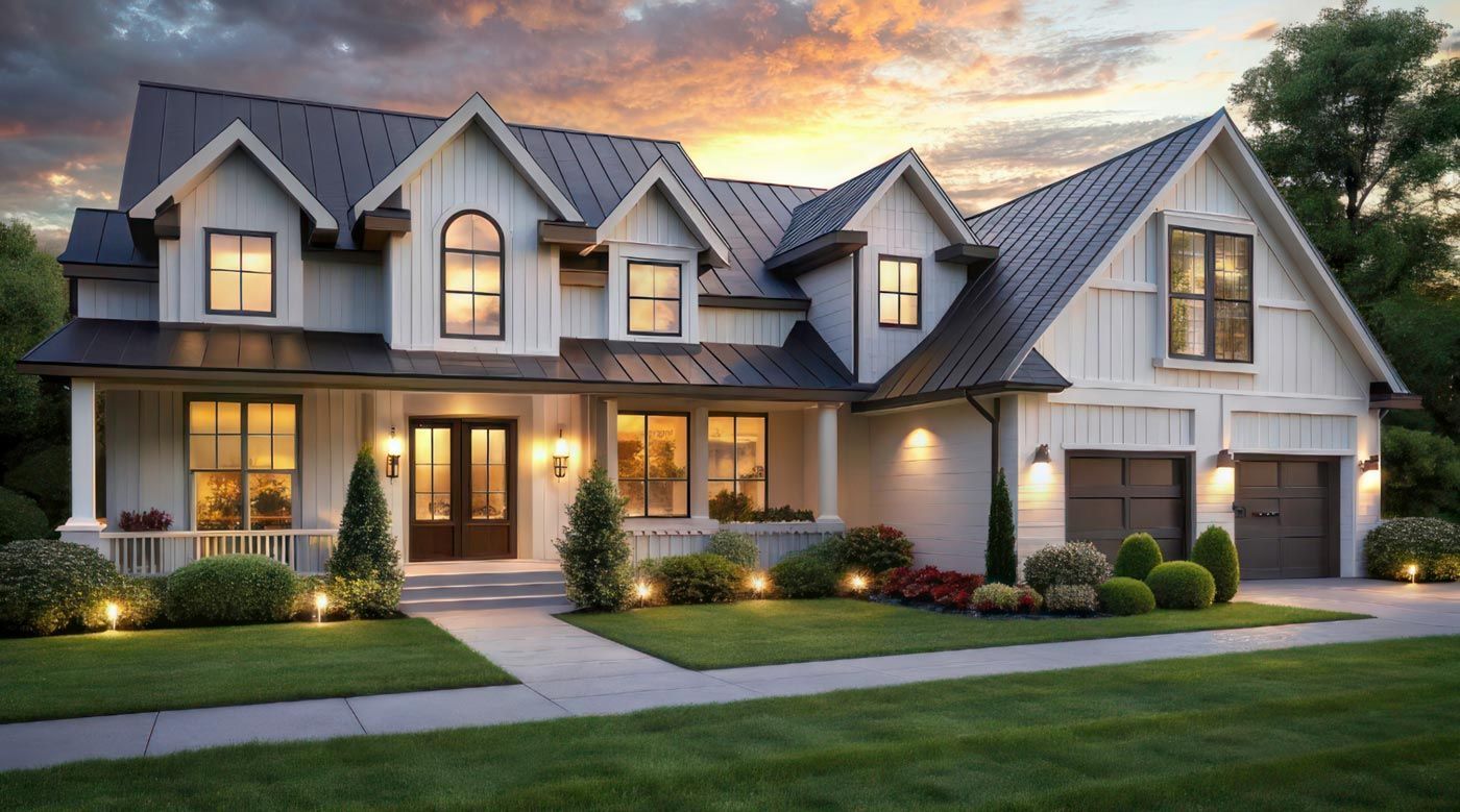 A large white house with a black roof is sitting on top of a lush green lawn.