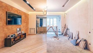 A before and after photo of a living room and kitchen being remodeled.