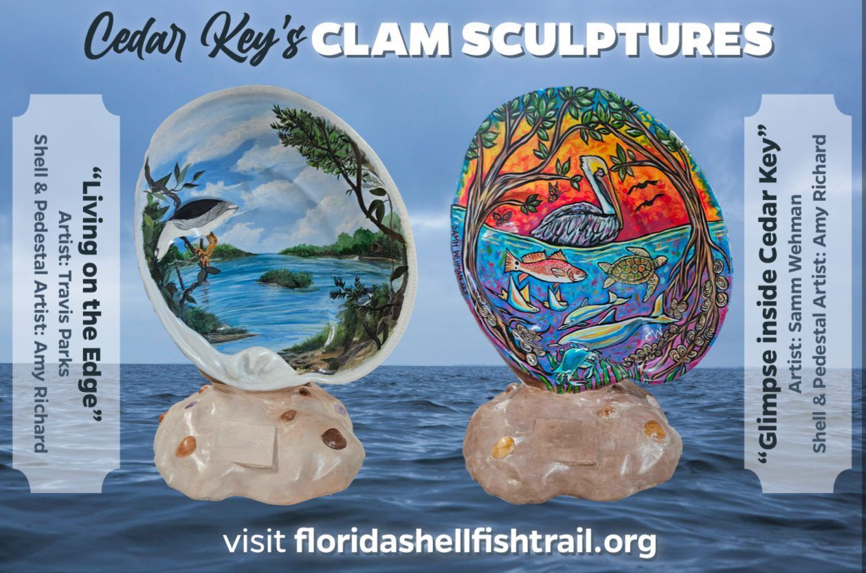 A poster for cedar key 's clam sculptures