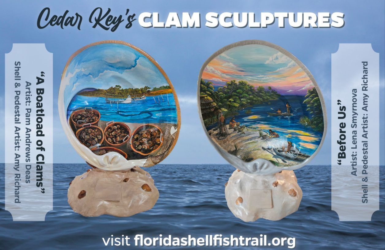 An advertisement for cedar key 's clam sculptures