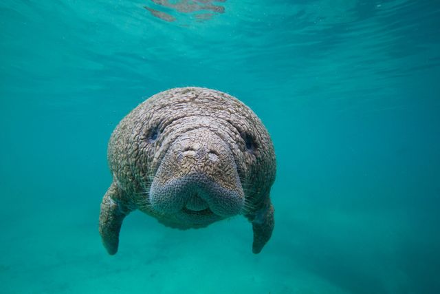 A manatee is swimming in the ocean and looking at the camera.