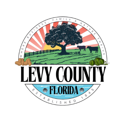 A logo for levy county florida with a tree and cows