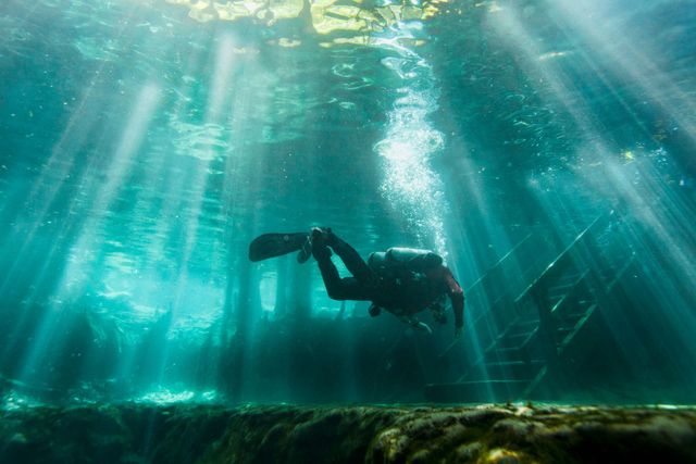 A scuba diver is swimming in a cave in the ocean.