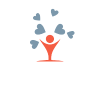 Orange figure with raised arms below blue heart-shaped leaves.