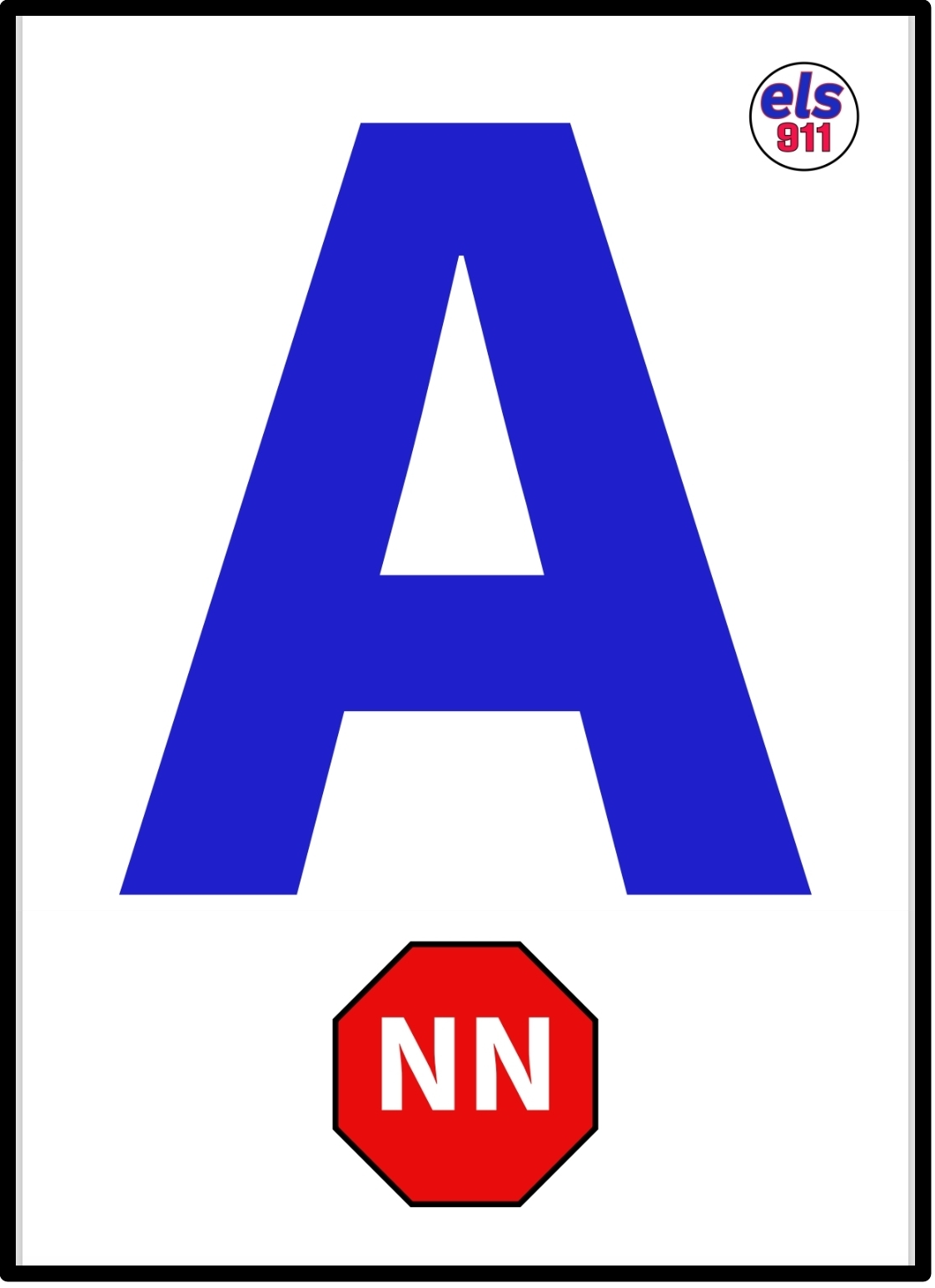 Blue capital letter "A" over a red octagon with "NN" in white text, within a black border.