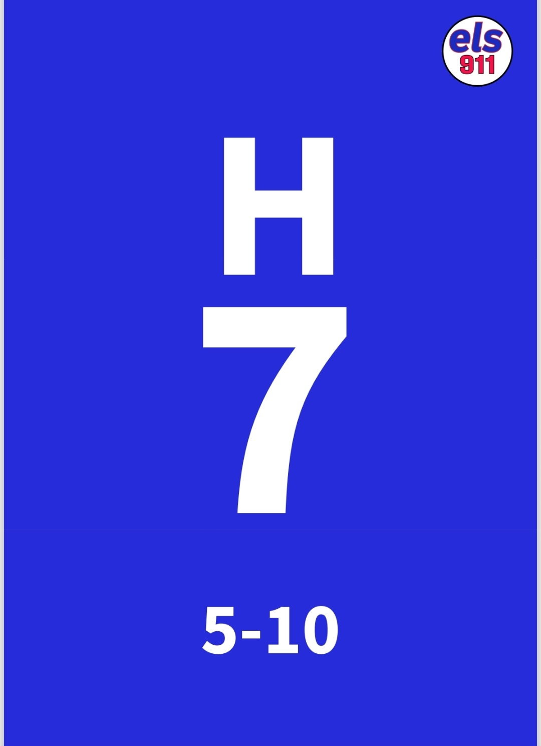 Blue hazard sign with "H" over "7" and "5-10" below. The ELS 911 logo is in the top right.
