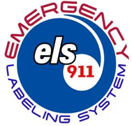 Emergency Labeling System logo: Blue and white circle with 