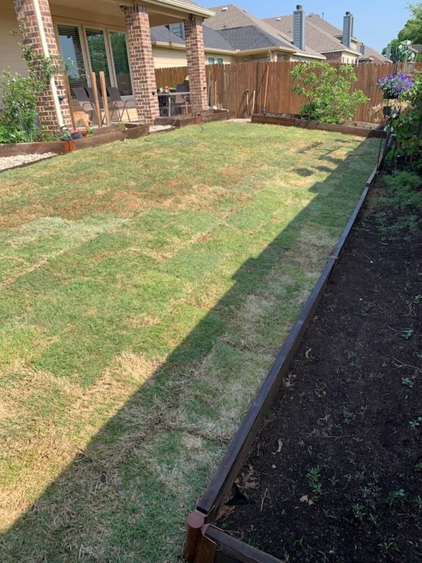 A backyard with a partially brown lawn, a raised garden bed, a covered patio, and a wooden fence.