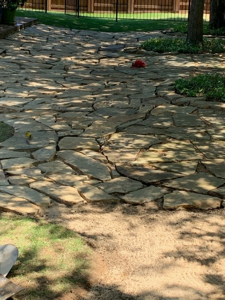 Stone path through a yard with shadows and a red ball.