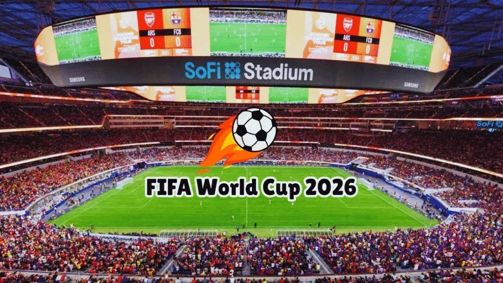 Crowded SoFi Stadium with FIFA World Cup 2026 banner and soccer ball graphic on the field