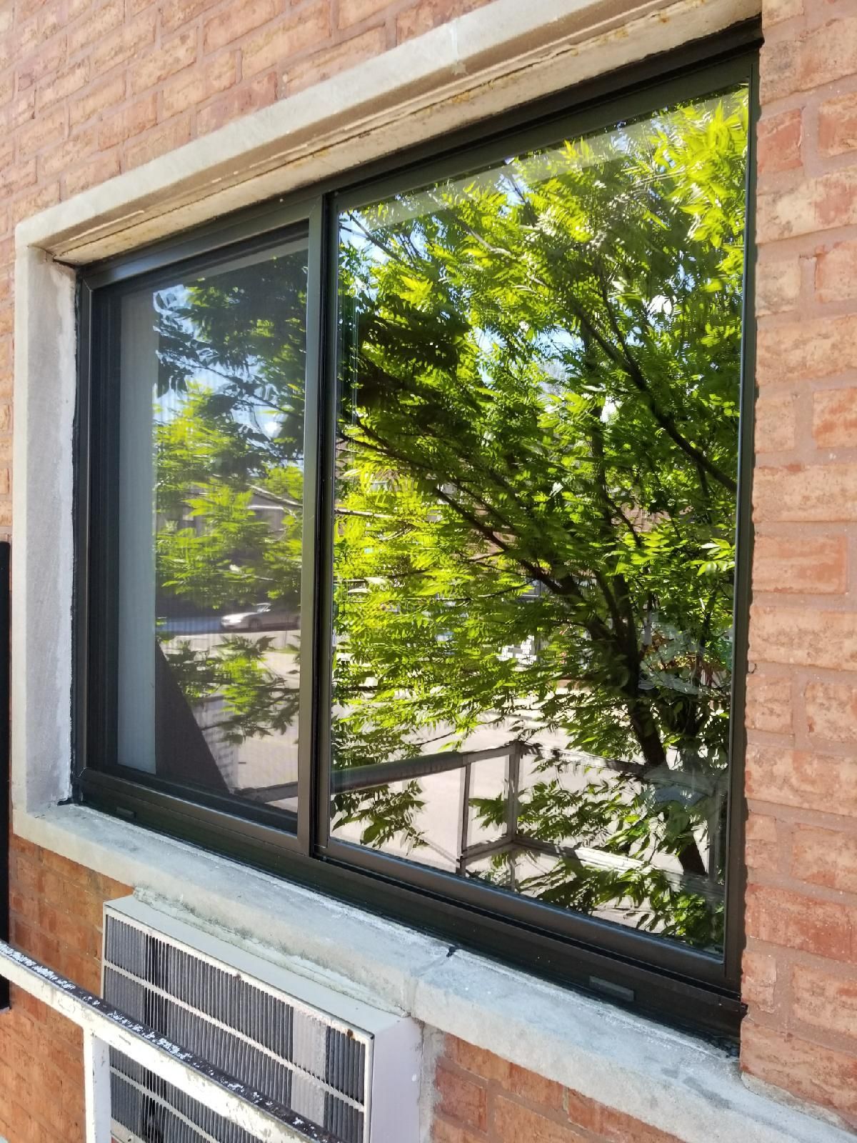 A large window on a brick building with a tree reflected in the window.