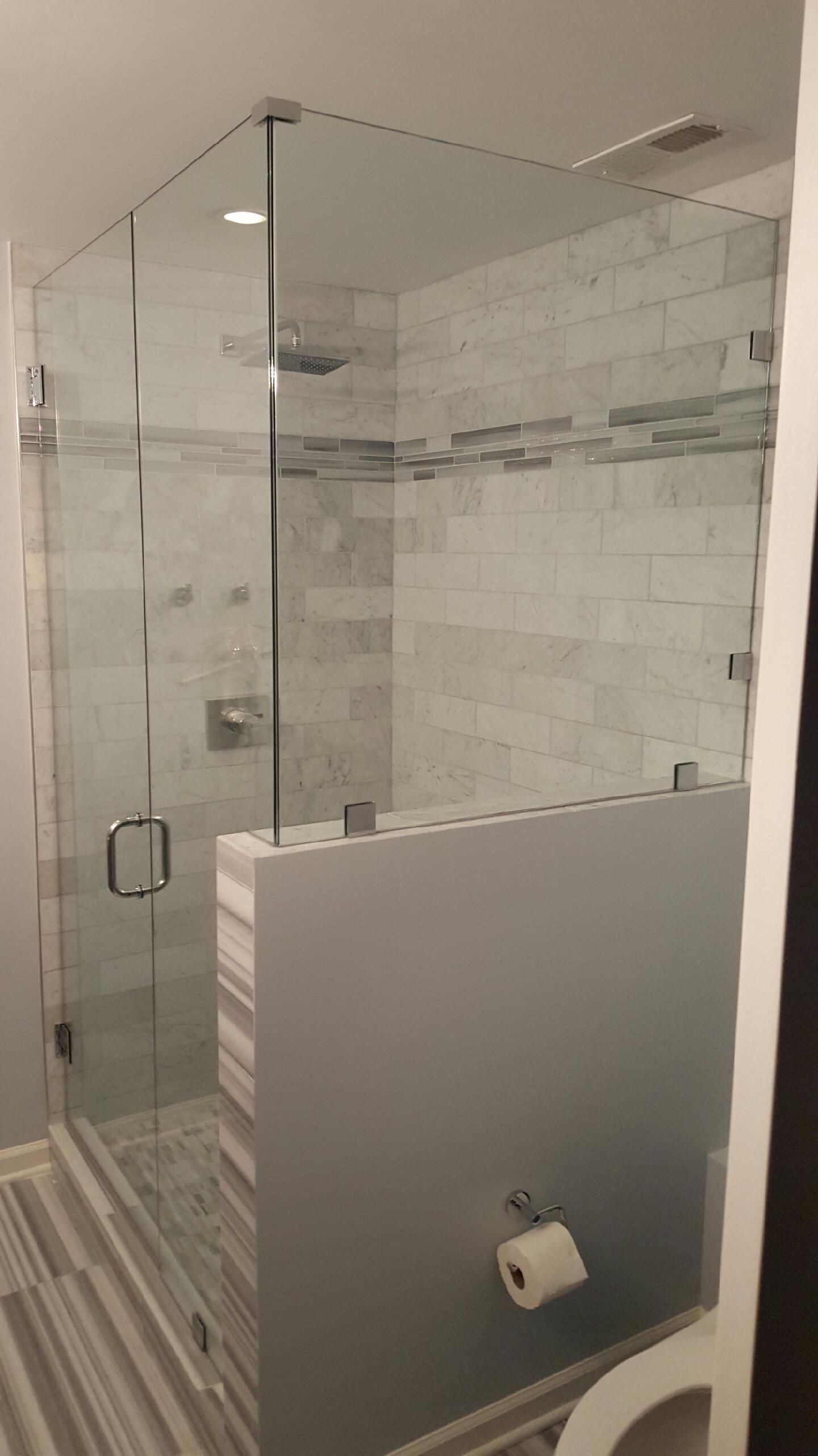 A bathroom with a walk in shower and a toilet.