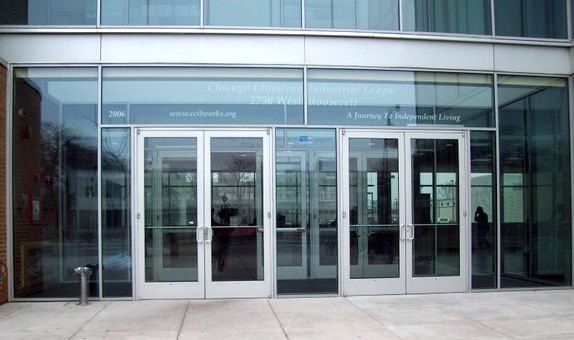 A building with a lot of windows and doors