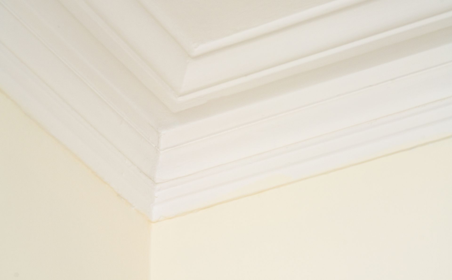 Corner of a room with white crown molding and a pale yellow wall.