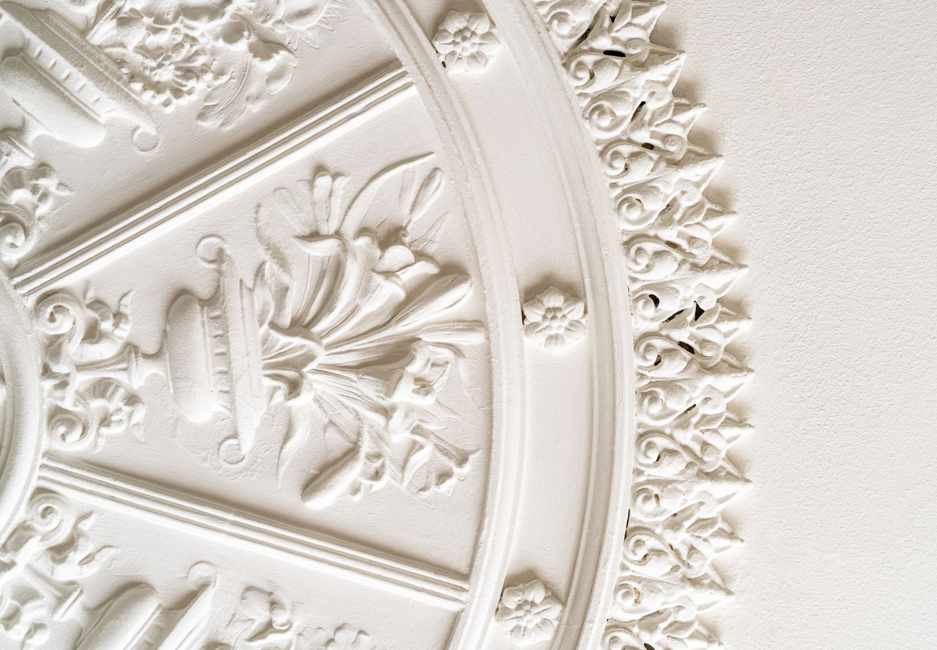 White plaster ceiling with ornate floral and geometric relief details.