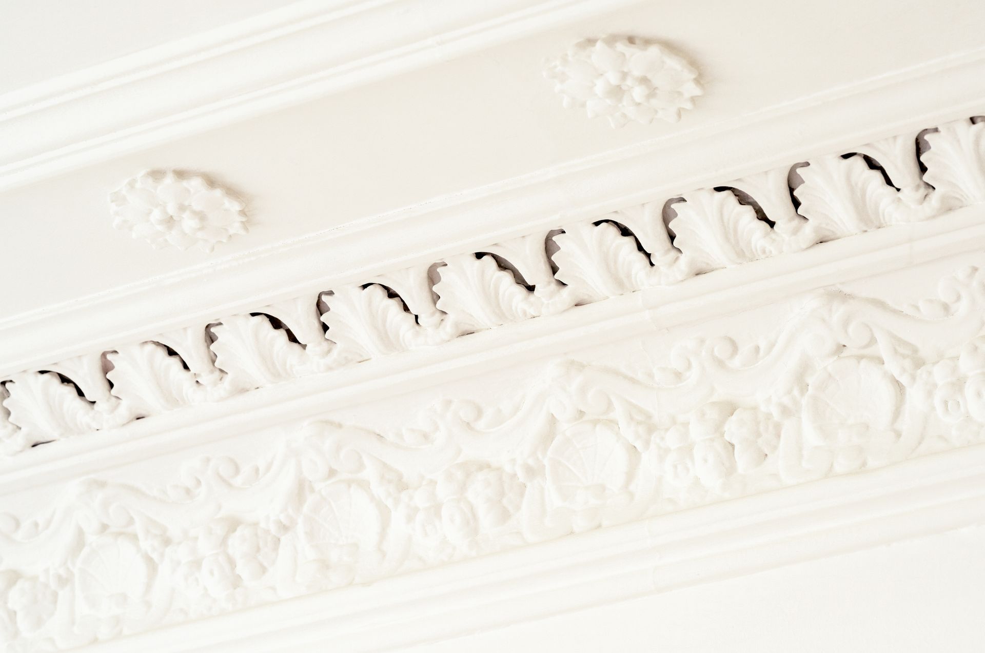 Close-up of ornate white ceiling molding with repeating leaf and scroll designs.