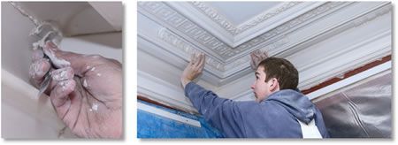 A person applies plaster to a corner. A close-up shows a hand covered in wet plaster. Another view shows the person working on decorative ceiling molding.