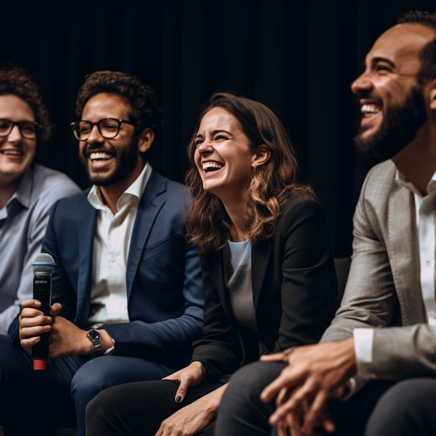 A group of people are sitting next to each other and laughing.