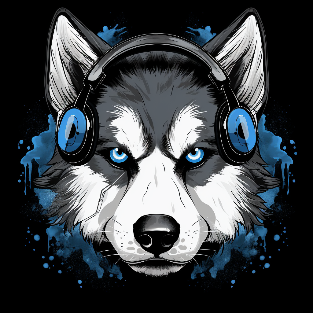 A husky dog wearing headphones on a black background.