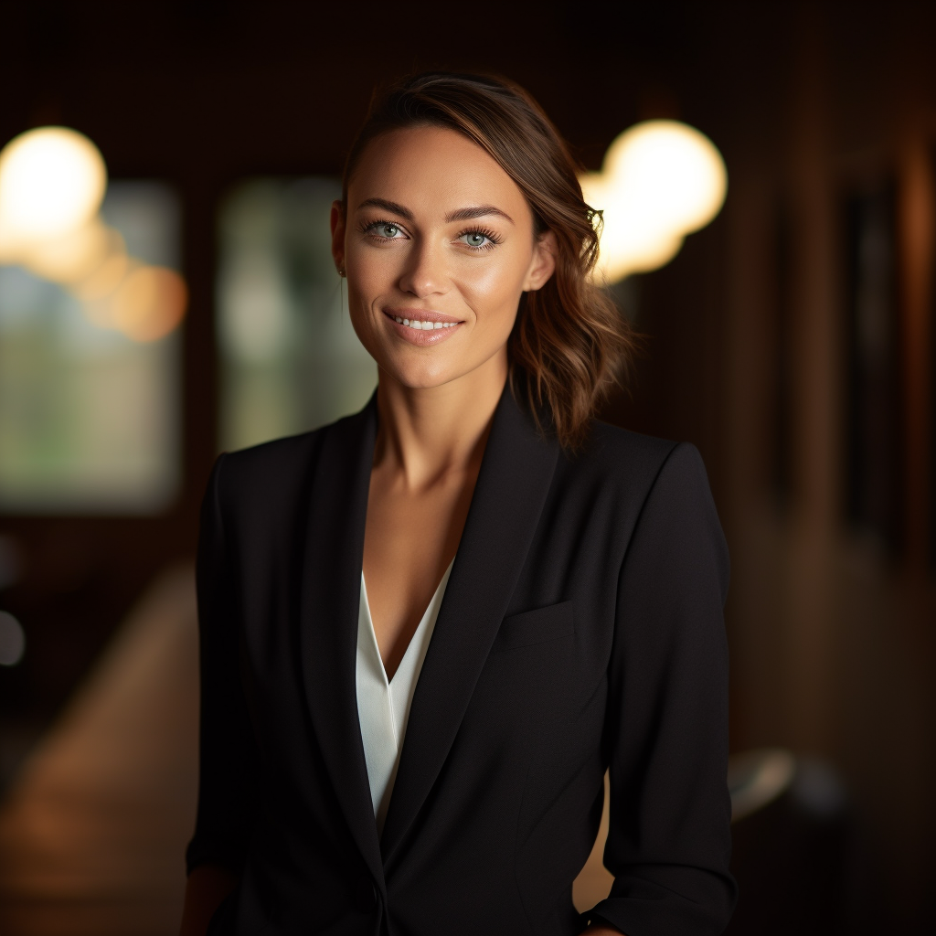 A woman in a black suit and white shirt is smiling for the camera.