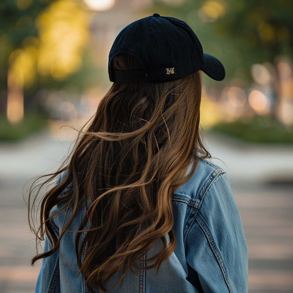 The back of a woman wearing a baseball cap and a denim jacket.