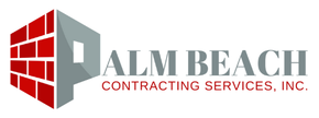 Logo with a brick wall, gray structure, and "Palm Beach Contracting Services, Inc." text in gray and red.