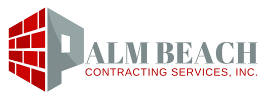 Logo with a brick wall, gray structure, and "Palm Beach Contracting Services, Inc." text in gray and red.