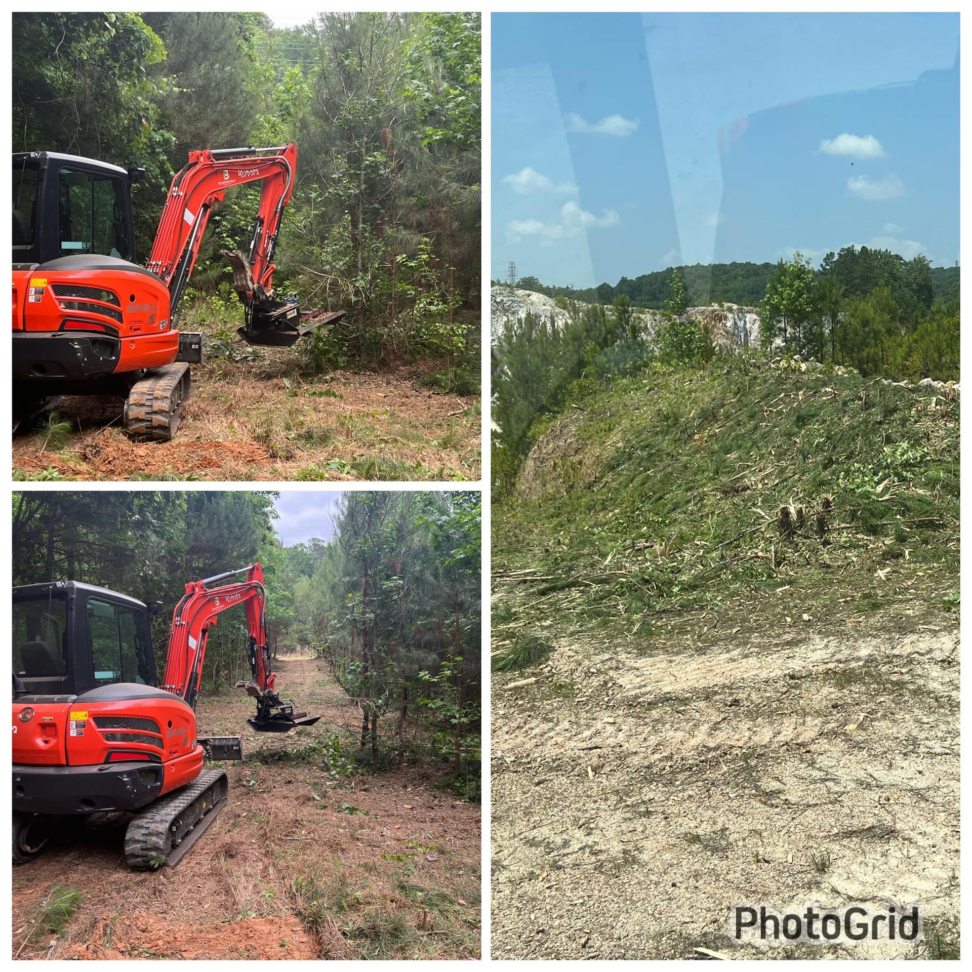 A collage of four photos of a construction site with a bulldozer in the middle.