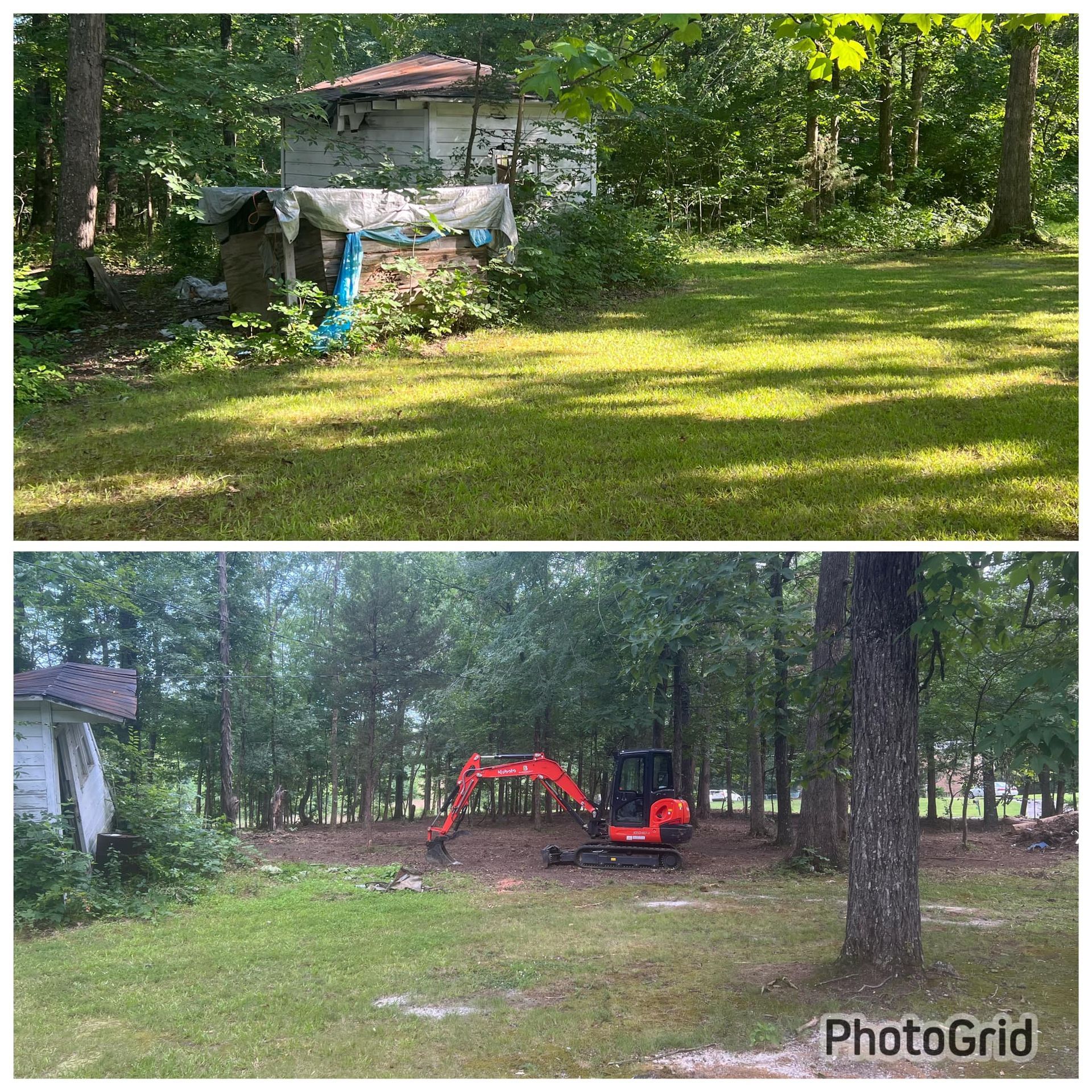 A before and after photo of a yard with a house in the background.