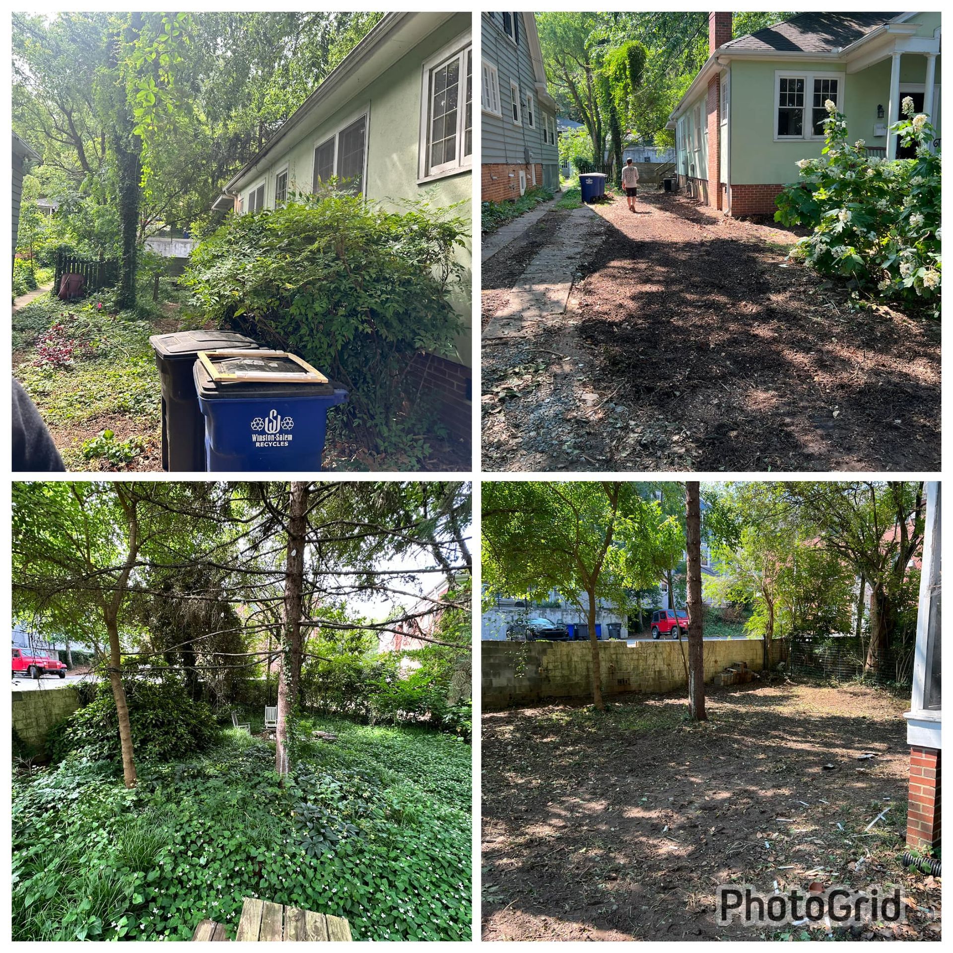 A collage of four pictures of a house and a yard.