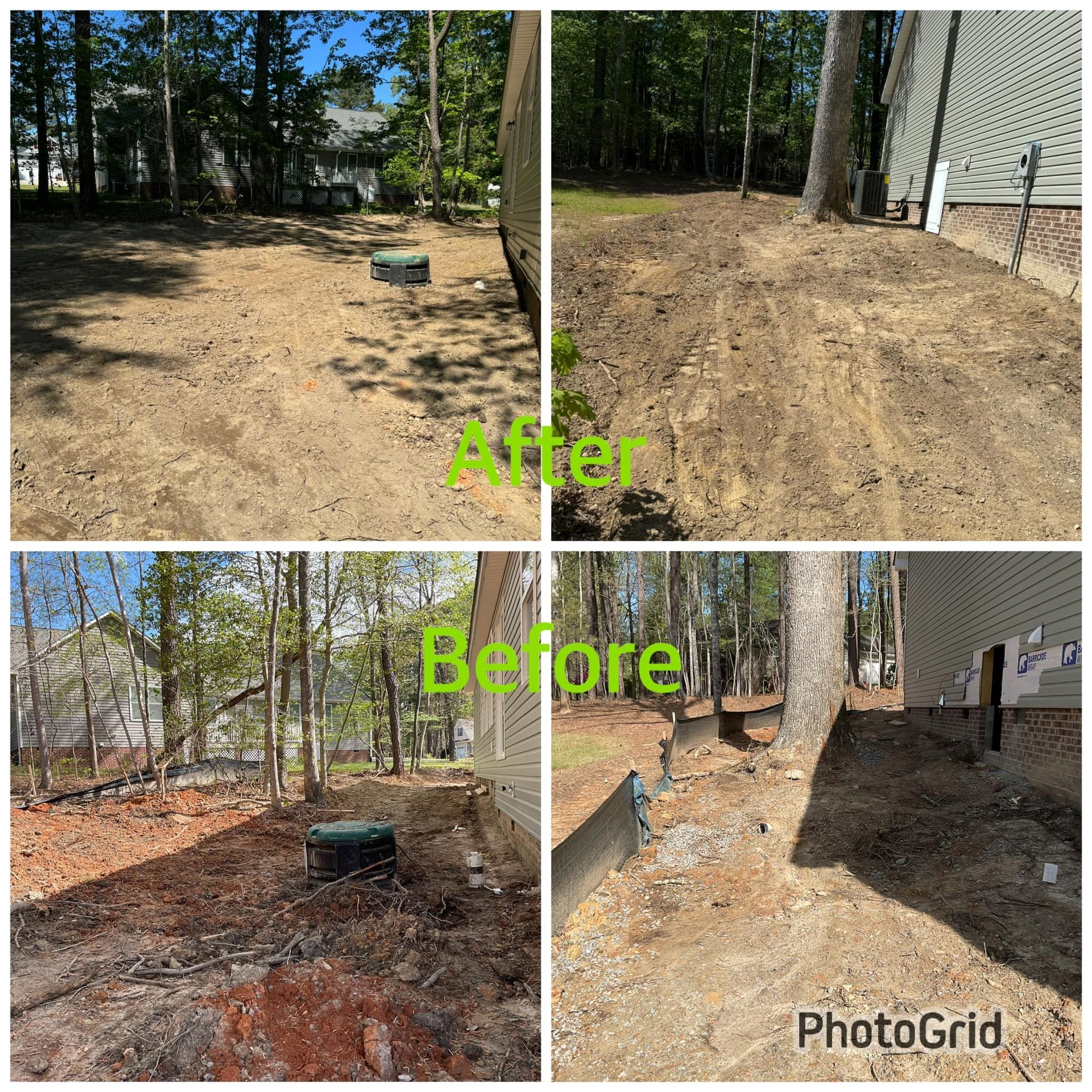 A collage of four pictures of a yard before and after being cleaned.