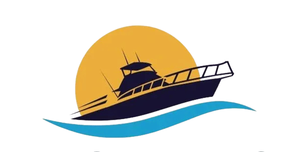 Boat on blue waves with a yellow sun in the background.