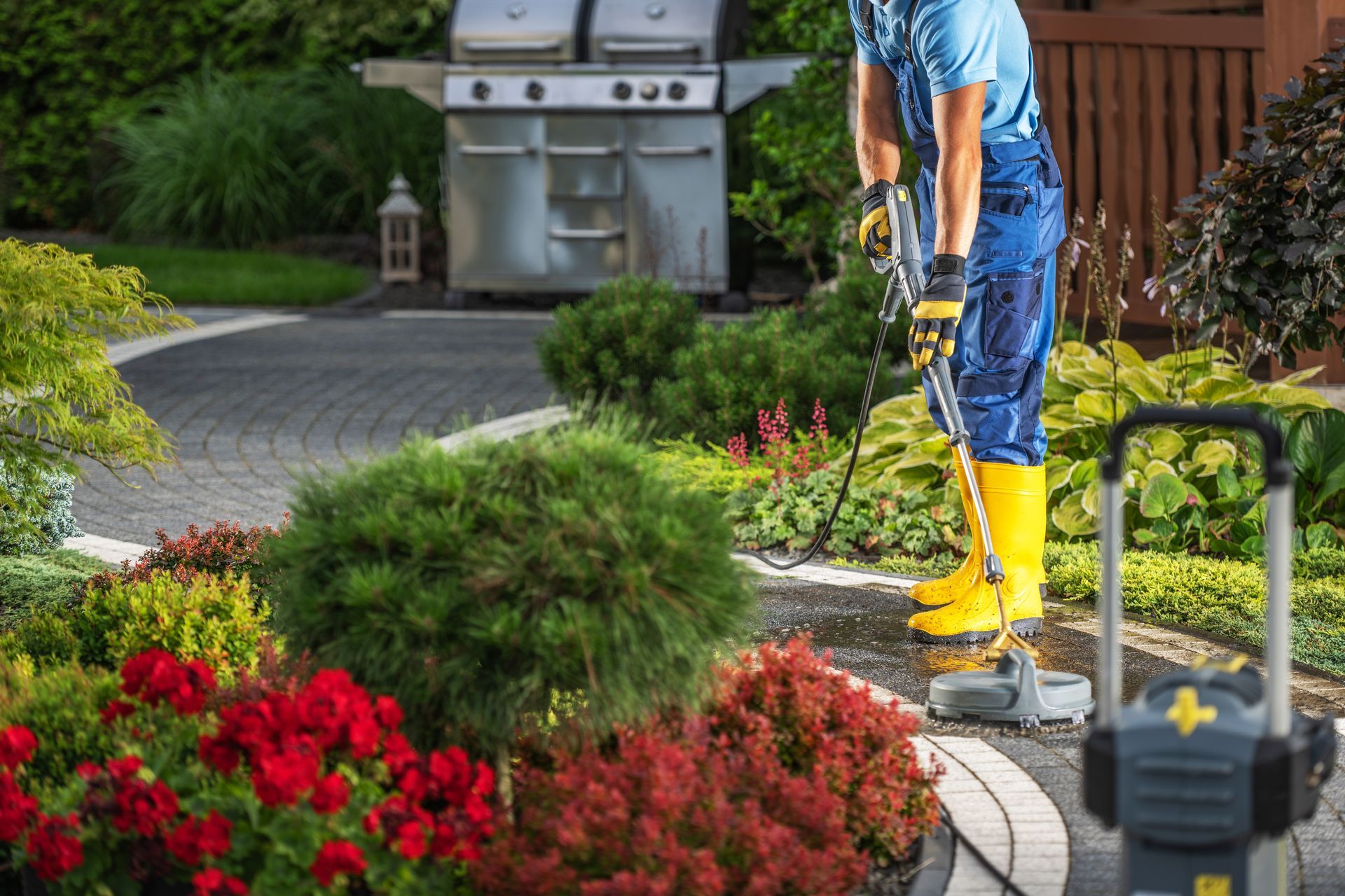 A man is cleaning a patio with a pressure washer in a garden.