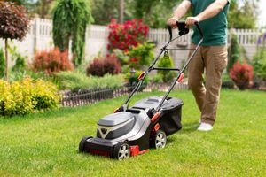 Person mowing a green lawn with a black and red lawnmower in a garden with colorful plants and a white fence.
