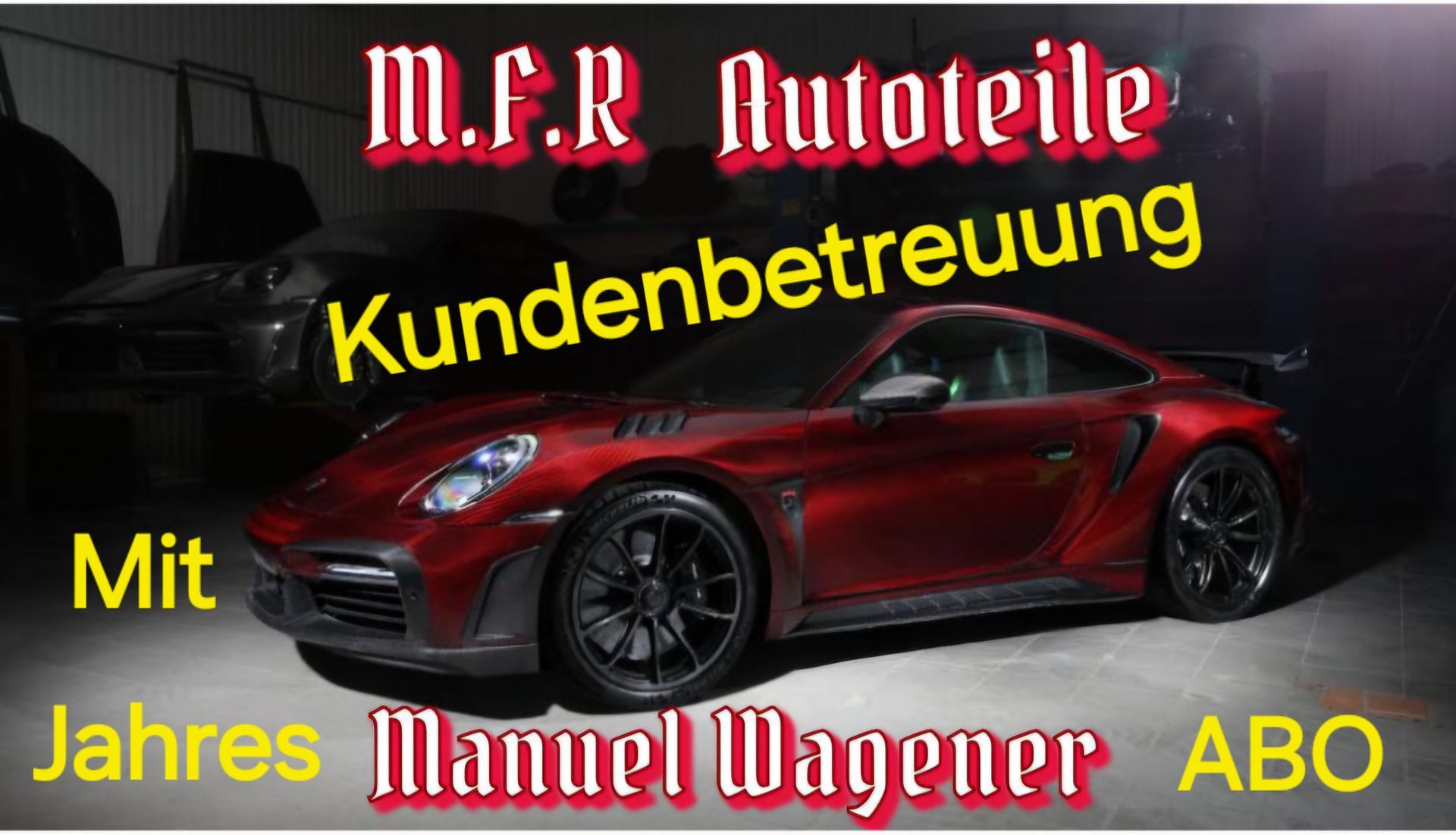 Eine Werbung für Mfr Autoteile zeigt einen roten Sportwagen