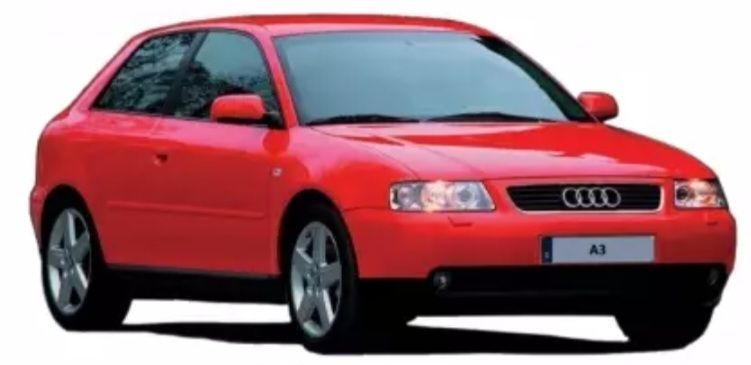 Ein roter Audi A3 ist auf weißem Hintergrund dargestellt