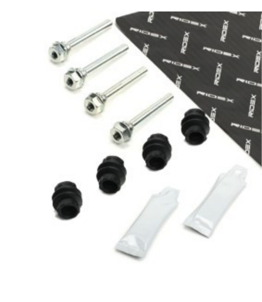 Ein Satz Bremssattelschrauben und Unterlegscheiben auf weißem Hintergrund.