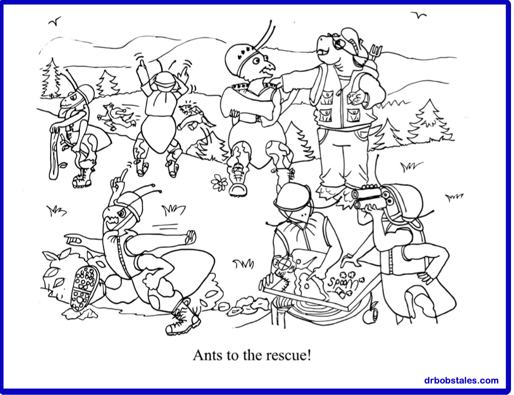 Ants rescuing others: scene with several ants performing different rescue actions in a natural setting.