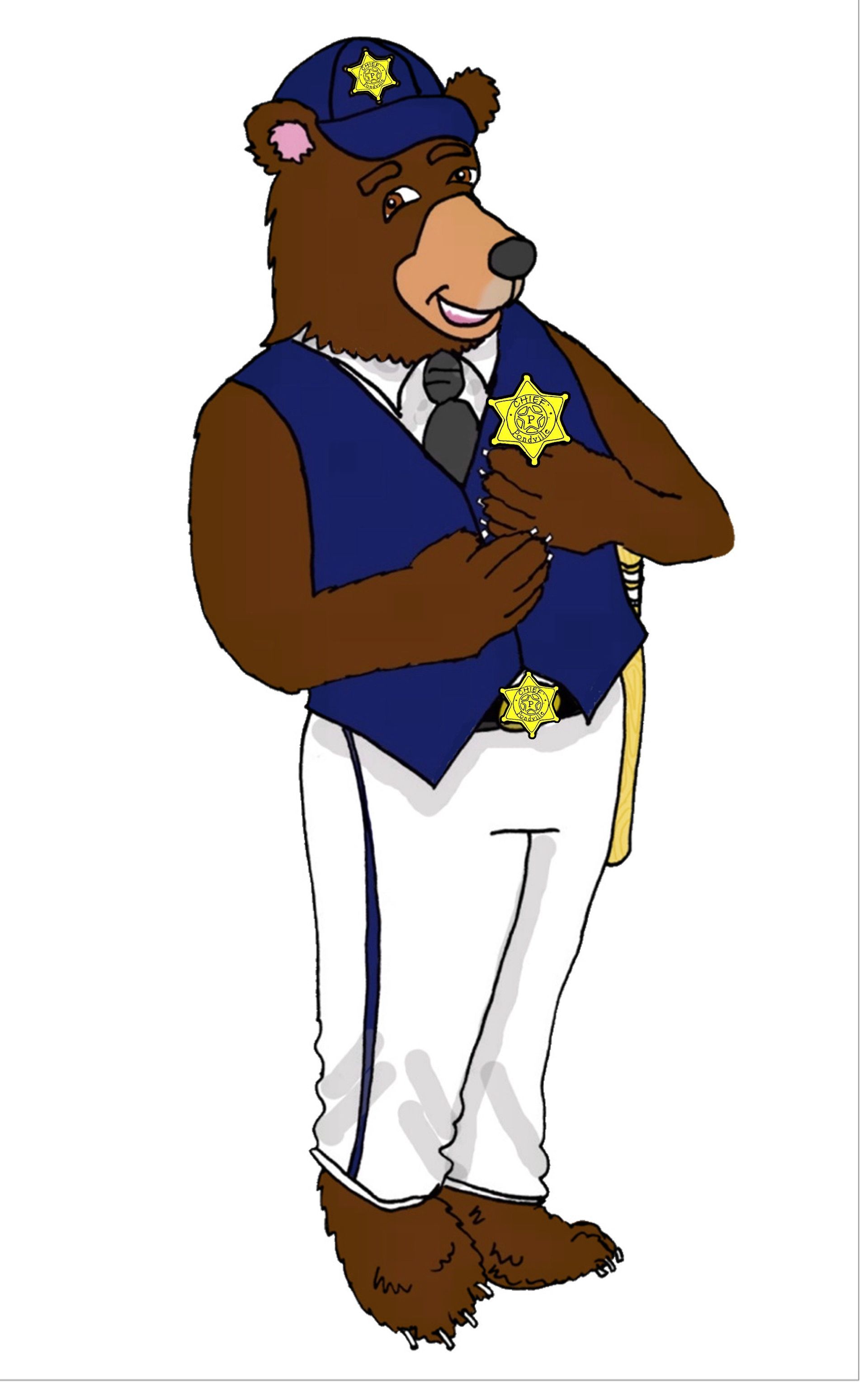 Brown bear in a police uniform, wearing a hat and vest.