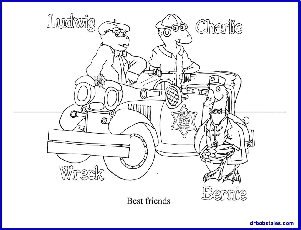 Coloring page of anthropomorphic bears in a vintage car; Ludwig, Charlie, Bernie, and Wreck are 