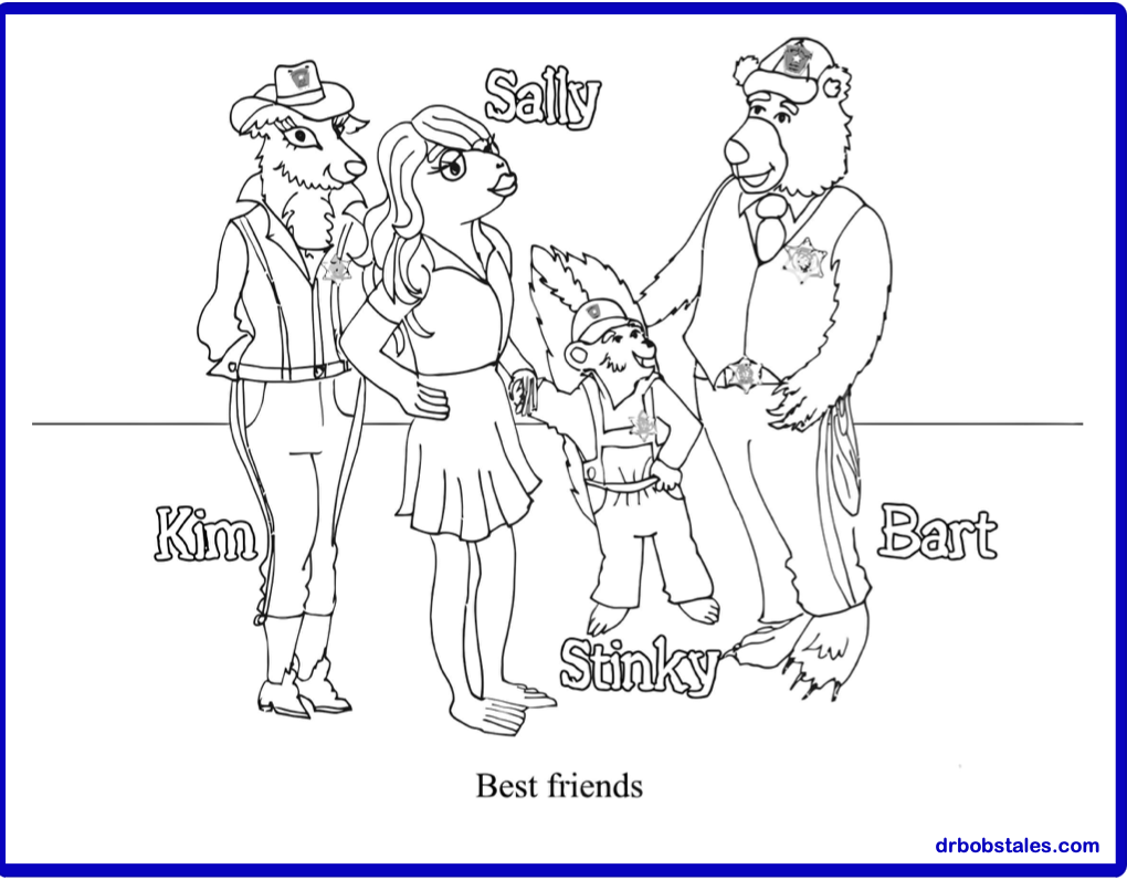 Line drawing of four anthropomorphic animals labeled Kim, Sally, Stinky, and Bart standing together, titled 