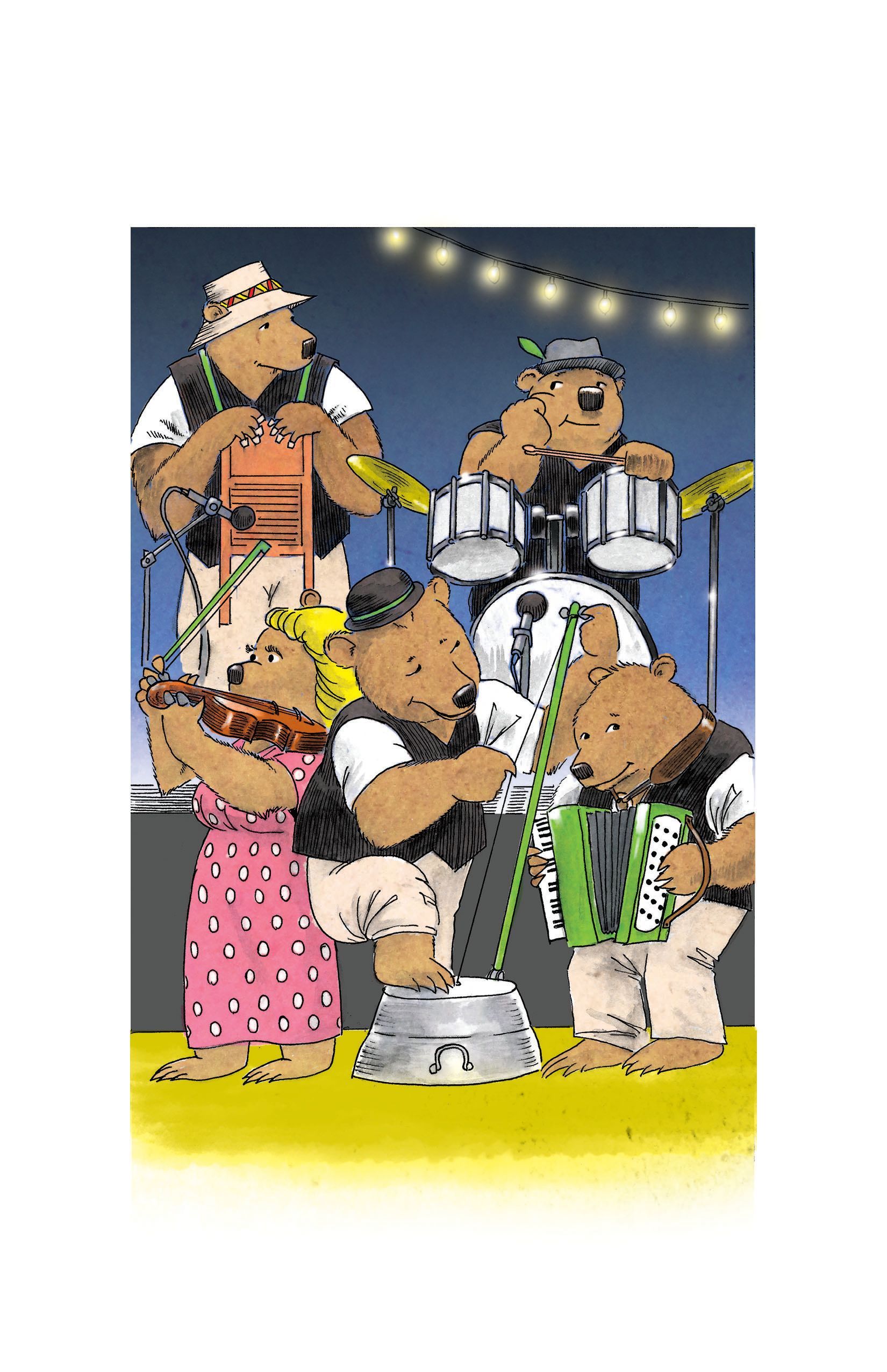 Bears in a band playing instruments onstage. One plays a drum, accordion, and other instruments.