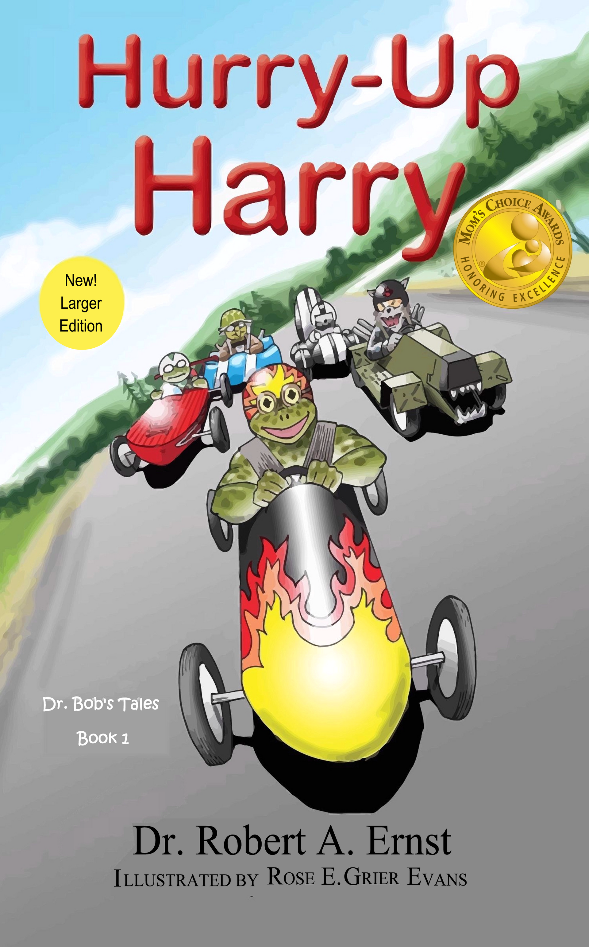 Book cover: A frog racer in a flame-decorated car leads a race with other animal racers on a road.