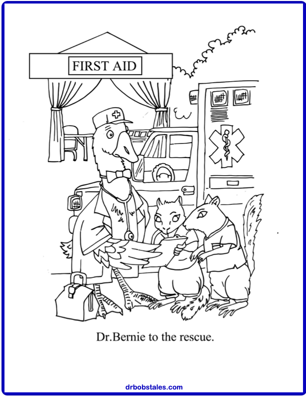 Dr. Bernie the duck gives aid to two injured squirrels outside a first aid tent, with an ambulance nearby.