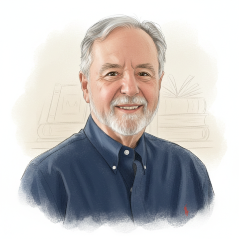 Smiling man with gray hair and beard wearing a green button-down shirt.